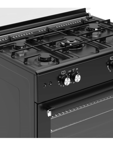 ALPHA Cocina de Gas VULCANO ELITE -90 Negro Mate. Encendido Automático, Wok, Ventilador y Temporizador en horno. **Alta Gama**