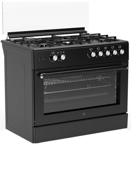 ALPHA Cocina de Gas VULCANO ELITE -90 Negro Mate. Encendido Automático, Wok, Ventilador y Temporizador en horno. **Alta Gama**