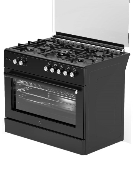 ALPHA Cocina de Gas VULCANO ELITE -90 Negro Mate. Encendido Automático, Wok, Ventilador y Temporizador en horno. **Alta Gama**