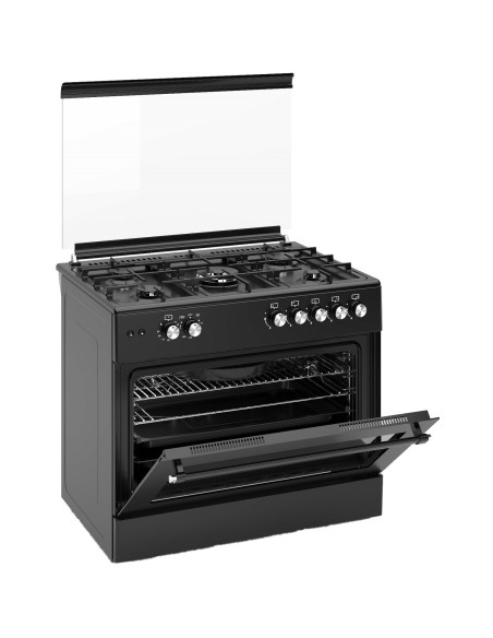 ALPHA Cocina de Gas VULCANO ELITE -90 Negro Mate. Encendido Automático, Wok, Ventilador y Temporizador en horno. **Alta Gama**