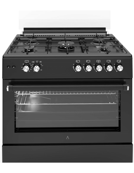 ALPHA Cocina de Gas VULCANO ELITE -90 Negro Mate. Encendido Automático, Wok, Ventilador y Temporizador en horno. **Alta Gama**