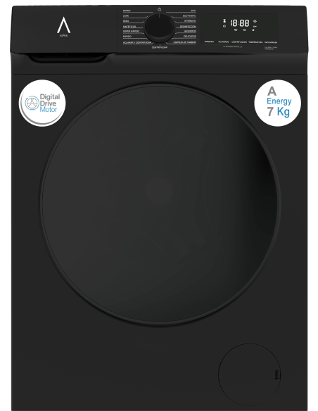 ALPHA Lavadora TITAN Elite-7, Eficiencia A, Negro Brillo, Digital Smart Inverter, 1.200rpm, 7kg, *Alta Gama*