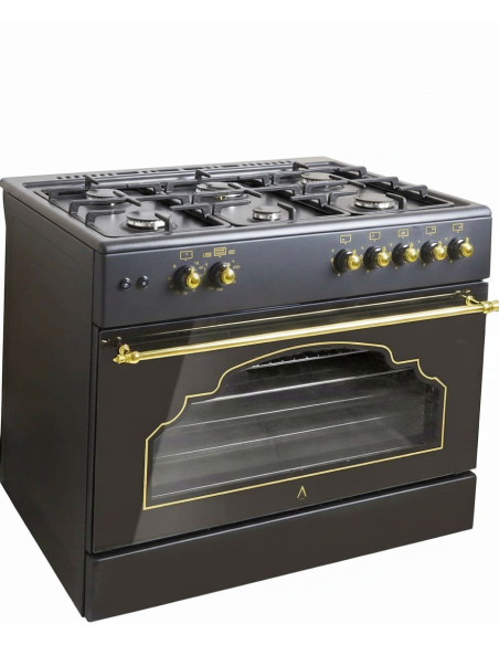ALPHA Cocina de Gas VULCANO GOLD-90 Rustica Oro. Encendido automático, Rustidor, Wok, Ventilador y Temporizador. *Alta Gama*