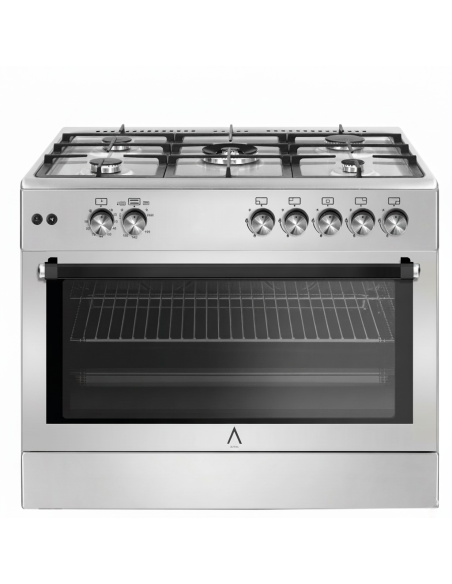 ALPHA Cocina de Gas VULCANO LUX-90 Inox, Encendido automático, Rustidor, Wok, Ventilador y Temporizador. *Alta Gama*