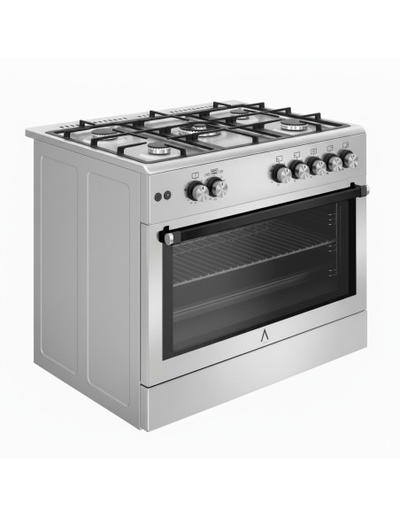 ALPHA Cocina de Gas VULCANO LUX-90 Inox, Encendido automático, Rustidor, Wok, Ventilador y Temporizador. *Alta Gama*
