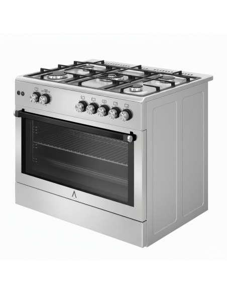 ALPHA Cocina de Gas VULCANO LUX-90 Inox, Encendido automático, Rustidor, Wok, Ventilador y Temporizador. *Alta Gama*