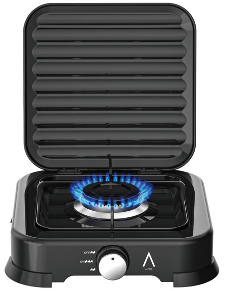 ALPHA Placa / Hornillo de Gas Portátil URANO 1 con Tapa, Negro. Hornillo de 1 Fuego, Bloqueo de Seguridad. **Alta Gama**