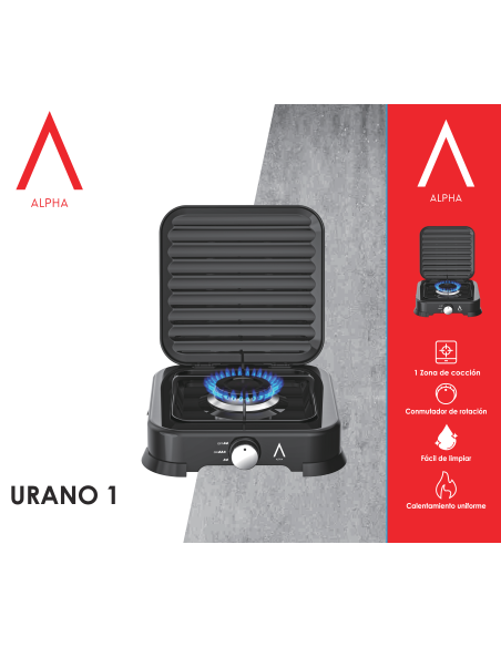 ALPHA Placa / Hornillo de Gas Portátil URANO 1 con Tapa, Negro. Hornillo de 1 Fuego, Bloqueo de Seguridad. **Alta Gama**