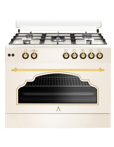ALPHA Cocina de Gas VULCANO CREAM-90 Rustica Crema. Encendido Automático, Rustidor, Wok, Ventilador y Temporizador. *Alta Gama*