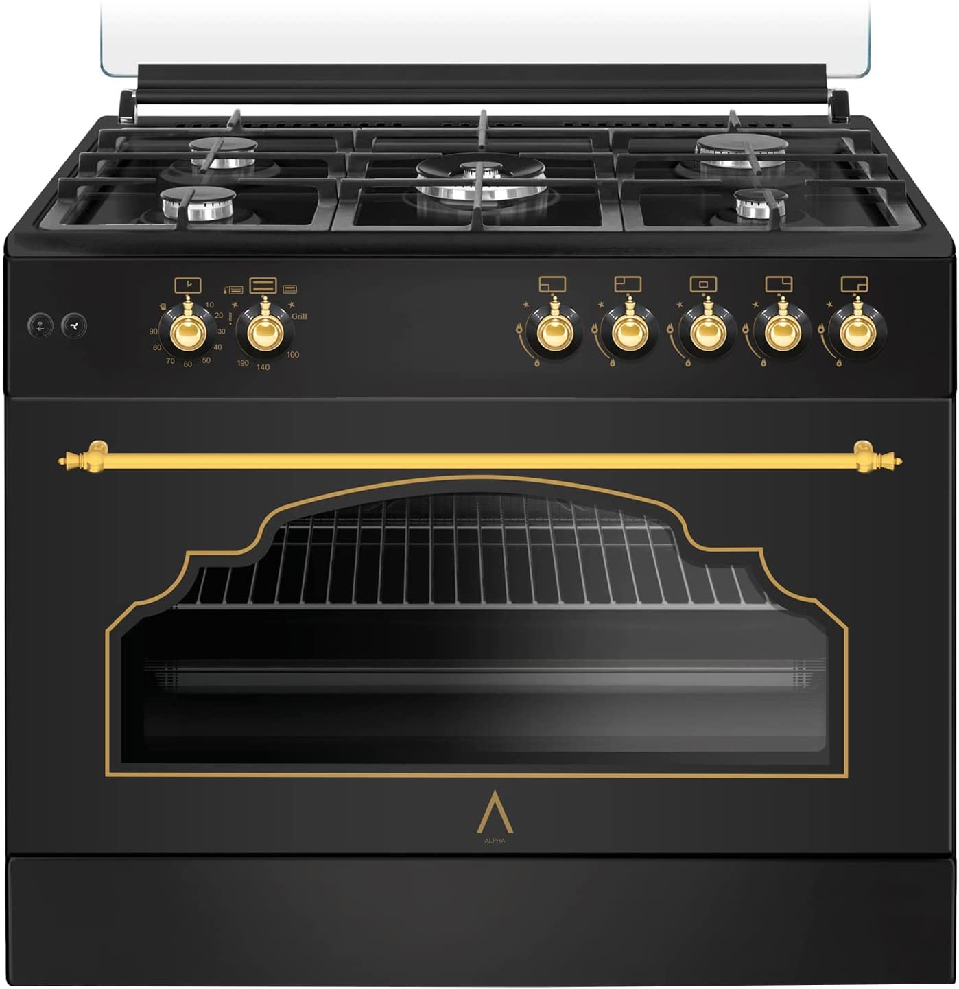 ALPHA Cocina de Gas VULCANO GOLD-90 Rustica Oro. Encendido automático,  Rustidor, Wok, Ventilador y Temporizador. *Alta Gama*